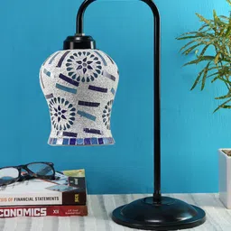 Devansh Blue & White Textured Mosaic Glass Iron Table Lamp-19