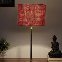 Devansh Maroon & Gold-Toned Textured Metal Table Lamp With Jute Shade image 2