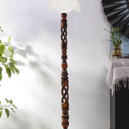 Devansh White & Brown Open Snake Textured Wooden Floor Lamp With Cotton Shade image 4