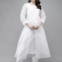 ADA Women White Ethnic Motifs Embroidered Layered Chikankari Kota Handloom Kurta with Trousers-image-35