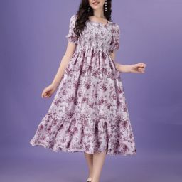 Women Fit and Flare Purple, White Knee Length Dress-image-64