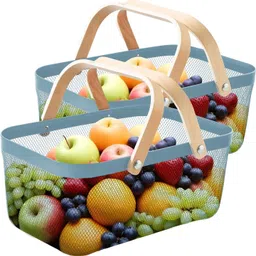 kuber industries Rectangular Metal Mesh basket for storage | wooden handle | Pack of 2 | Blue Iron Fruit & Vegetable Basket-picture-29