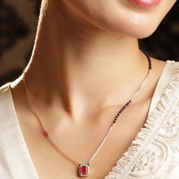 Rubans 18K Gold-Plated Ruby & Cubic Zirconia Studded Black and Gold Beaded Mangalsutra-4