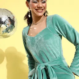 Athena Women Sea Green Velvet Basic Jumpsuit-picture-41