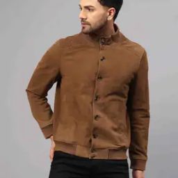 Leather Regular Fit Button-Front Bomber Jacket-18