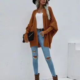 Women Flat-Knit Relaxed Fit Front-Open Shrug-image-60