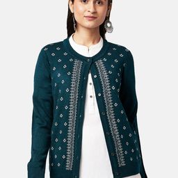 RANGMANCH BY PANTALOONS Women Teal & Off White Printed Acrylic Cardigan-30