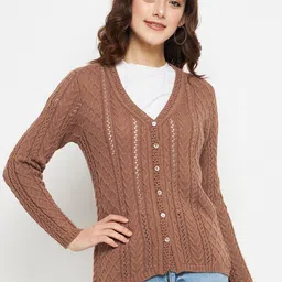 CREATIVE LINE Self Design V- Neck Long Sleeves Woollen Cardigan Sweater-image-65