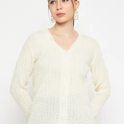 CREATIVE LINE Self Design V- Neck Long Sleeves Woollen Cardigan Sweater-picture-52