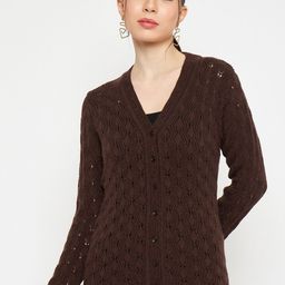 CREATIVE LINE Open Knit Self Design V-Neck Woollen Cardigan-image-15