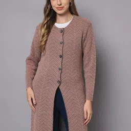 BROOWL Women Peach-Coloured & Grey Longline Wool Cardigan-picture-8
