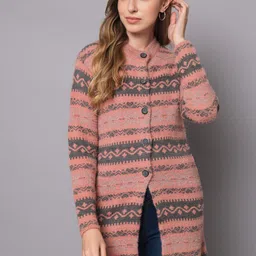 BROOWL Women Peach-Coloured & Grey Longline Wool Cardigan-picture-9