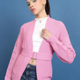 Tokyo Talkies Pink Ribbed Relaxed Fit Belted Front Open Sweater-image-28
