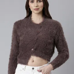 SHOWOFF Self Design Acrylic Crop Cardigan-7