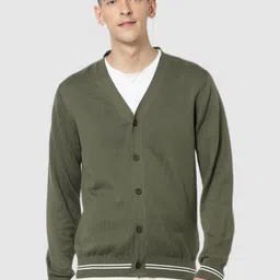 Celio Men Olive Green & White Cotton Cardigan-image-79