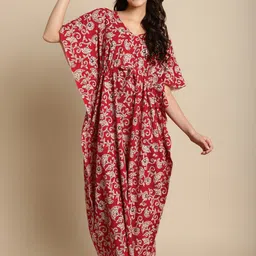 Secret Wish Floral Printed V-Neck Pure Cotton Maxi Kaftan Nightdress-picture-20