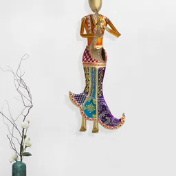 Golden Peacock Blue & Beige Textured Metal Wall Hanging-30