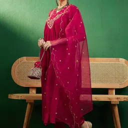 Sangria Embroidered A-Line Kurta With Trouser & Dupatta image 4