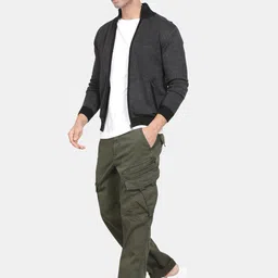 t-base Mock Collar Front-Open Ribbed Cotton Pullover image 3