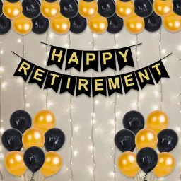 Solid Black Happy Retirement Banner Combo with Banner and LED Fairy Light, Latex Balloon-image-3