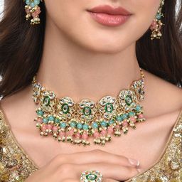 Zaveri Pearls Gold-Plated Pink & Green Beads Cluster Drops Kundan Choker Necklace Earring & Ring Set-13