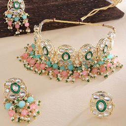 Zaveri Pearls Gold-Plated Pink & Green Beads Cluster Drops Kundan Choker Necklace Earring & Ring Set image 2