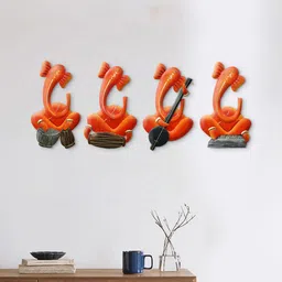 eCraftIndia Set of 4 Orange Coloured & Black Handcrafted Musician Lord Ganesha Wall Hanging Showpiece-6