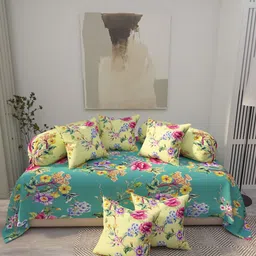 EverHOME 8-Pcs Blue & Pink Printed Cotton Diwan Set-14
