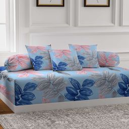 Arrabi Blue Set of 6 Floral TC Cotton Blend Diwan Set-25