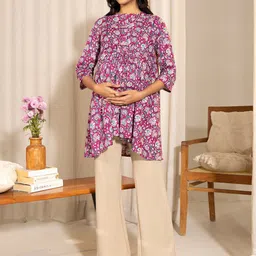 Janasya Floral Printed Mandarin Collar Cotton Maternity Tunic-image-91