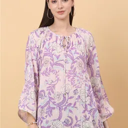SiaVira Floral Printed Tie-Up Neck Bell Sleeves Casual Regular Opaque Top-17