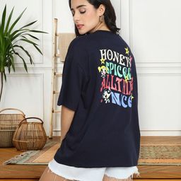 metronaut Printed Women Round Neck Cotton Blend Navy Blue T-Shirt-picture-28