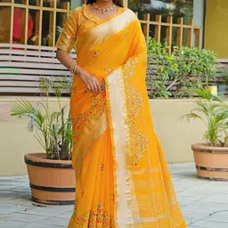 Mitera Yellow Ethnic Motifs Embroidered Woven Design Zari Silk Cotton Banarasi Saree-image-17