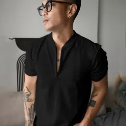 Men Solid Henley Neck Polyester Black T-Shirt-image-61