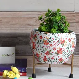 ecofynd White & Red Floral Print Metal Planter With Stand-picture-3