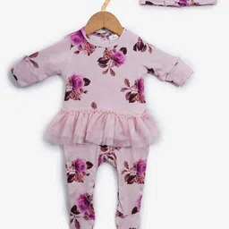 Creative Kids Infant Kids Pink Organic Cotton Floral Bodysuit With Head Band-image-91