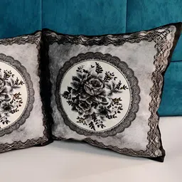 SWA PEACHES DESIGN STUDIOS Grey & White 2 Pieces Floral Velvet Square Cushion Covers-image-69