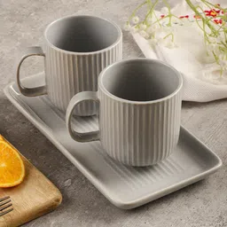 MIAH Decor Grey 3 Pieces Textured Ceramic Glossy Mugs With Serving Platter - 310 ml Each-0