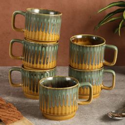 MIAH Decor Green & Yellow 6 Pieces Textured Ceramic Glossy Cups - 200 ml-image-68