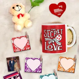 Indigifts Red & White 9 Pieces Coffee Mug and Photo Clips Rose Greeting Card and Teddy-image-25