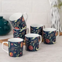 JCPL Blue & White 6 Floral Printed Ceramic Glossy Cups 180ml-picture-0