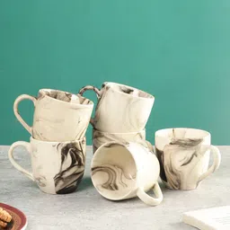 CDI White & Grey 6 Pieces Printed Ceramic Glossy Coffee Cups - 200 ML each-27