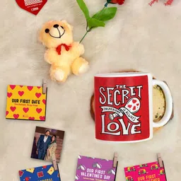 Indigifts 8 Pcs Red Valentine Coffee Mug and Photo Clip Rose Greeting Card and Teddy-5