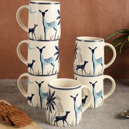 MIAH Decor Cream-Coloured & Blue 2 Pieces Printed Ceramic Matte Mugs-350ml Each-56