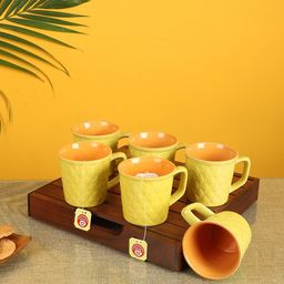 AAKRITI ART CREATIONS Yellow Textured Ceramic Glossy Cups Set Of 6 Cups and Mugs-18