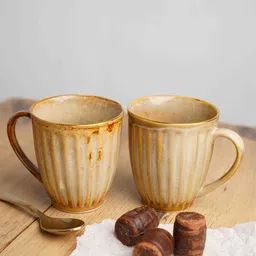 Folkstorys Beige 2 Pieces Textured Ceramic Glossy Mugs-2