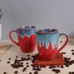 Homesake Set of 2 Red & Turquoise Blue Printed Ceramic Glossy Mugs-14