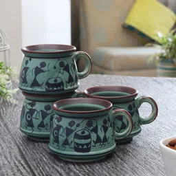 MIAH Decor Green & Black 6 Pcs Printed Ceramic Glossy Cups 200 ml Each-42