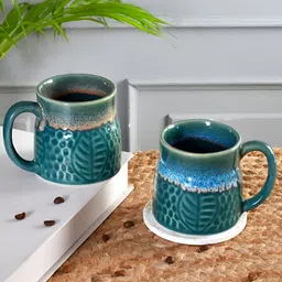 Aura Turquoise Blue 2 Pieces Textured Ceramic Glossy Mugs 200 ml each-10
