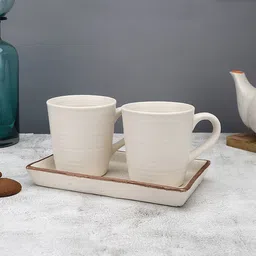MIAH Decor Set Of 3 Cream-Coloured Handcrafted Solid Stoneware Matte Mugs & Tray-17